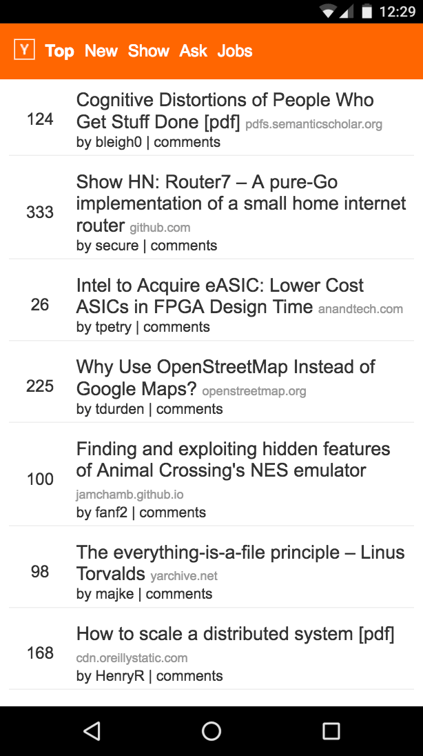 Ember HNPWA HN PWA running on a mobile phone